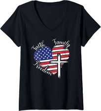 Faith Family Freedom Heart Christian July 4 Ladies' V-Neck Tshirt