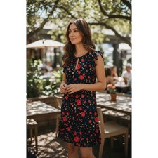 J. Crew Floral Print Flutter Sleeve V Neck Mini Dress Black Red Yellow Blue M