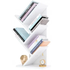 4 Tier Tree Bookshelf, Small Bookcase, Modern Wood Book Storage Rack, Freesta...