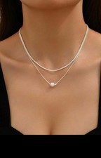 UK Women Girl Fashion Jewelry Double Layer Faux Pearl Choker Necklace Silver