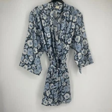 Vintage 90s Saks Fifth Avenue Natori Large Blue Floral Satin Robe Lingerie Sexy