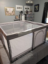 Gray Baby Play Pen Play Fence w/ Mesh Sides Door for Infant Toddler