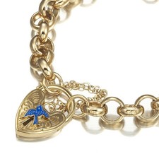 18K GL Solid Thick Belcher Gold Bracelet & Vintage Blue Bird Heart Padlock