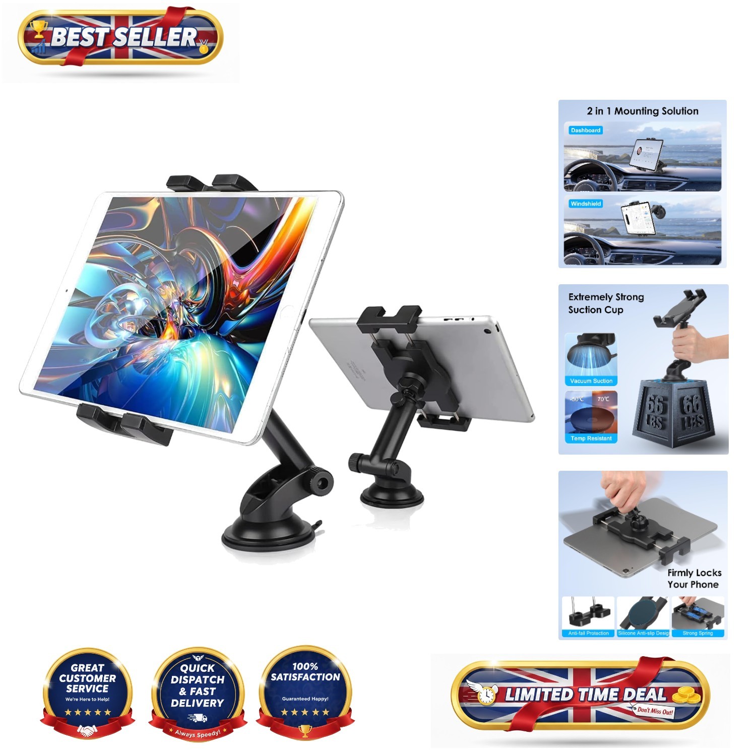 Non-Slip Car Tablet Mount with Strong Suction - 360° Rotation for Safe Driving