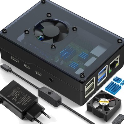 Gehäuse für Raspberry Pi 4b mit Lüfter Kühlkörper 3A Netzteil Schwarz - 1 Stück
