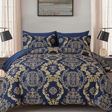 Comforter Set Size,Damask Texture 7 Pieces Bed in a Bag Queen Blue Gold
