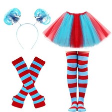 Striped Knee Socks, Long Arm Warmer Thumb Hole Stretchy Lake Blue and Red