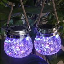 Solar Lantern Outdoor Waterproof, 2Pack Crackle Glass Ball Solar Hanging Lantern