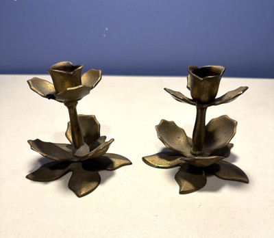 Solid Brass Flower Candle Candlestick Holder Lotus - Lot of 2 - Vintage