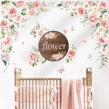 Large Pink Flower Wall Decals Pink Blossom Floral Vine Butterfly Wall Sticker...