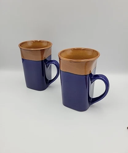 Royal Norfolk Mugs Set Of 2 Stoneware Tall Latte Coffee Blue/Brown Large 12 oz.