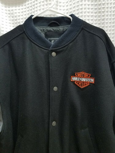 Harley Davidson Wool Leather Motorcycle Varsity Bomber Jacket Black Large EUC - Picture 2 of 12