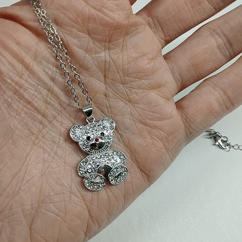 Women Teddy Bear Pendant Necklace Brass Plated Rhinestone 18.5"-20.5" Chain - Picture 4 of 7