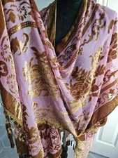 Maya Antonia Burnt Velvet Poncho/Scarf/Shawl BrownGray/Fringe,Wedding/Boho-Beach