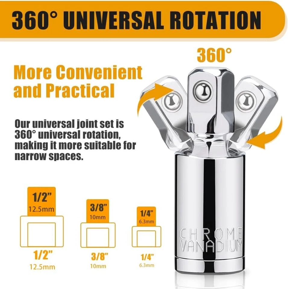 3PCS Universal Joint Socket Set, 1/4” 3/8” 1/2” Drive Swivel Socket Adapter - Image 3 of 4