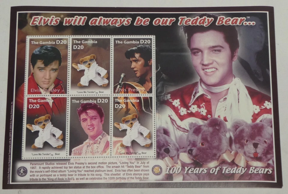 Лист марок Элвис Пресли Гамбия D20 6 марок 2004 100 лет плюшевых медвежат - Изображение 3 из 4