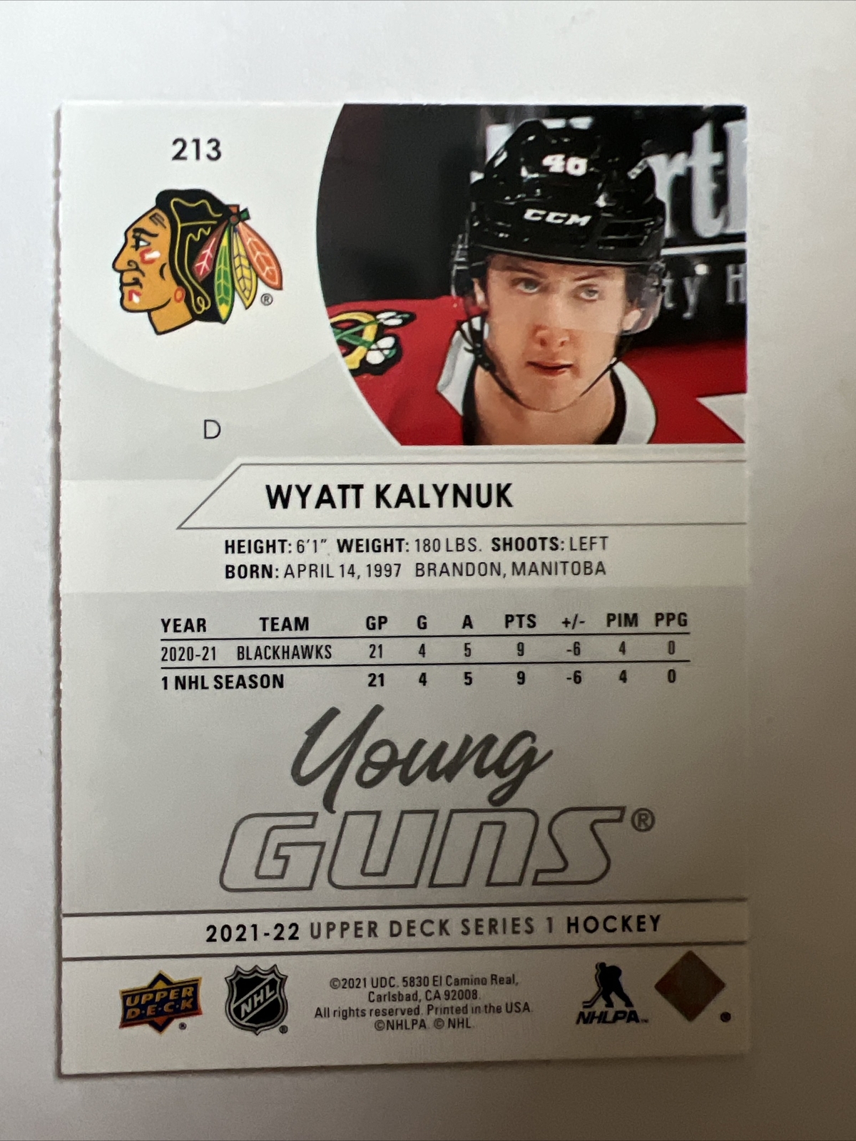 2021-22+Upper+Deck+Series+1+-+Young+Guns+%23213+Wyatt+Kalynuk+%28RC%29