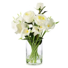 ENOVA FLORAL 18 Heads Calla Lily Flowers Real Touch in Glass Vase Mixed Rose ...
