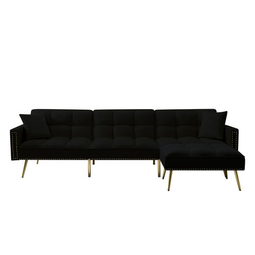 107.7in Velvet Sectional Sleeper Sofa Bed Adjustable Cushions W/ 2 Toss Pillows - Picture 6 of 12