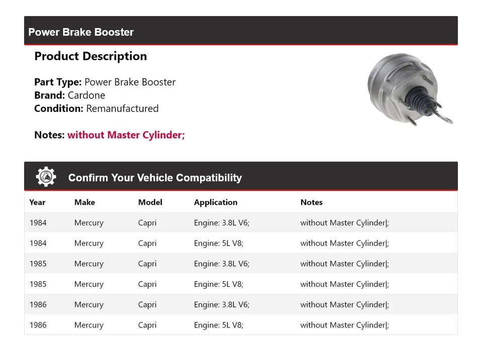 Para 1984-1986 Mercury Capri Power Brake Booster Cardone 1985 Foto 2 de 4
