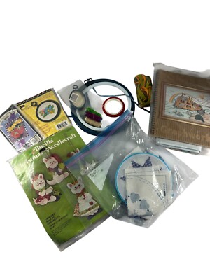 Mixed Needlepoint Craft Lot Kits Hoops Thread READ