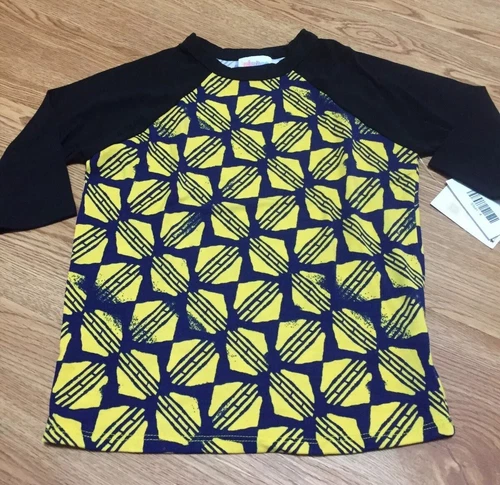 Lularoe Sloan Kids Baseball T Shirt Size 4 Navy Blue Yellow Black Geometric