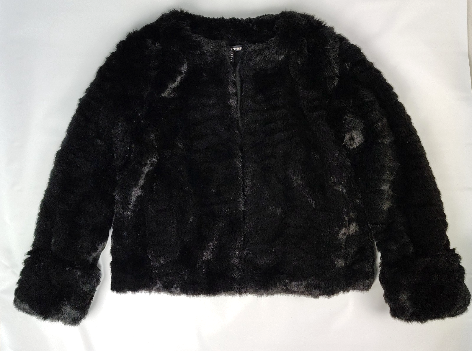 Zara TRF Faux Fur Jacket Cropped Womens XS Black Pockets Cuffed Hook Eye Closure