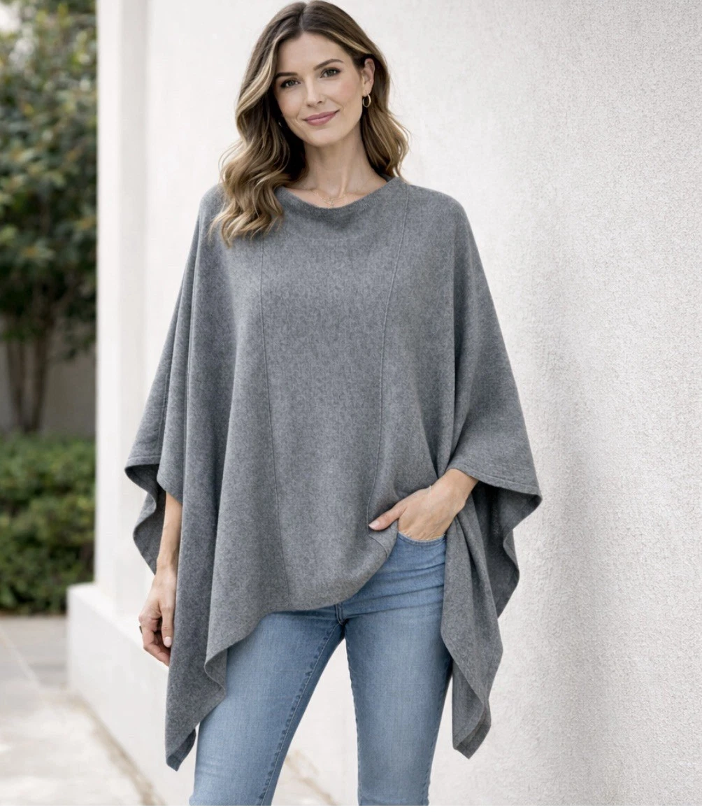 Chicos S/M Cotton Cashmere Blend Poncho Wrap Sweater Grey Long Line Oversized