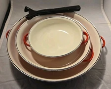 Vintage Red Enamelware Nesting Frying Pans 6", 8-1/2", 10-1/2" Detachable Handle