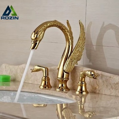 Luxury Bathroom Sink Faucet Gold Copper Swan Double Handle Mixer Vintage