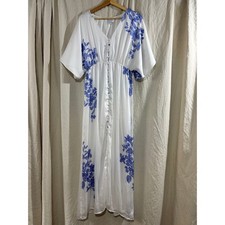 Sugarlips White Blue Floral Button Front Maxi Dress Elastic Waist Small
