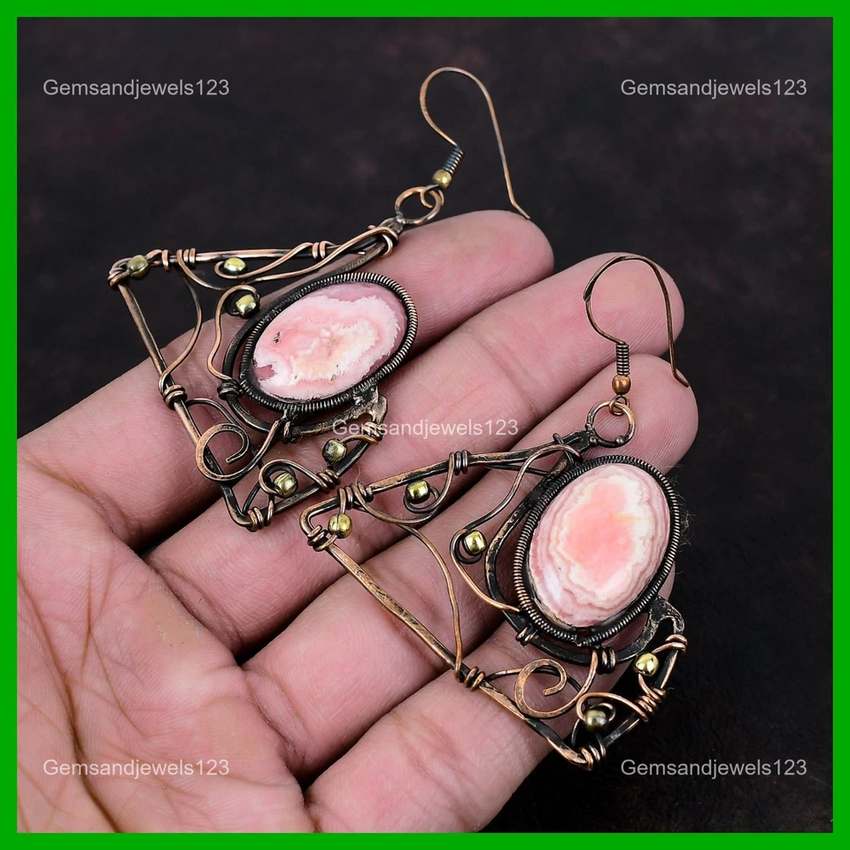 Copper Rhodochrosite Gemstone Wedding Drop Wire Wrapped Artisan Earrings Jewelry - Image 3 of 4