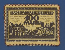 GERMANY NOTGELD Bielefeld 100 Mark 1921.  Silk, blue / gold