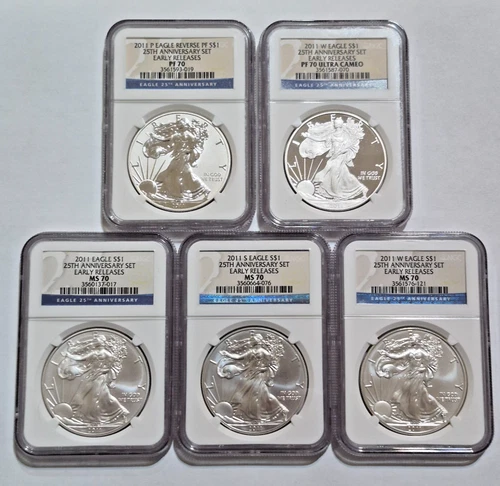 2011 REVERSE PROOF SILVER EAGLE NGC PF70 MS70 25TH ANNIVERSARY 5 COIN SET