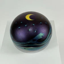 Lundberg Studios Paperweight Cresent Moon Stars Art Glass 1987 Signed