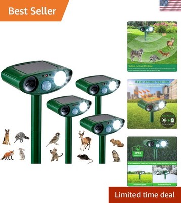 4 Pack Solar Animal Repeller for Raccoons, Deer & Squirrels - Ultrasonic & St...