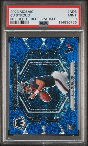 CJ STROUD 2023-24 Mosaic NFL DEBUT BLUE SPARKLE PRIZM RC /96 Texans ND-3 PSA 9