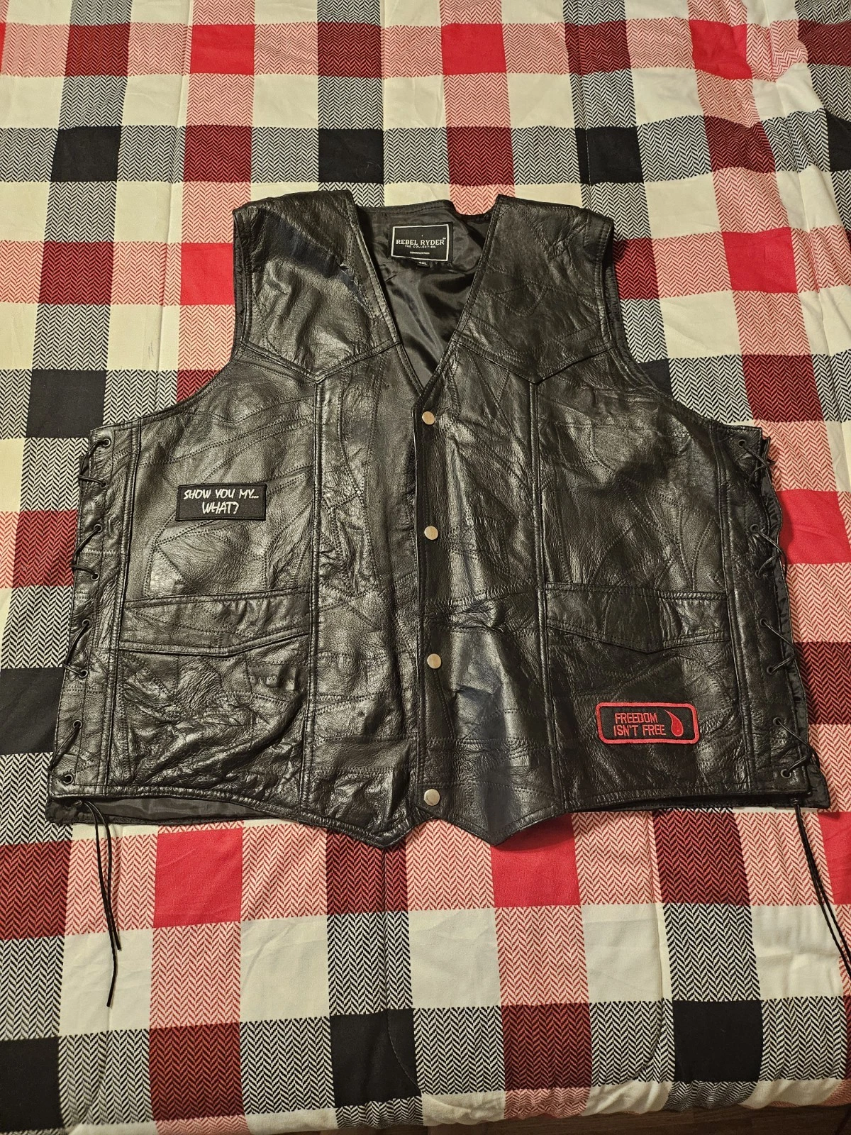Rebel Ryder Genuine Black Leather Patchwork Motorcycle Biker Vest 4X Laced Sides