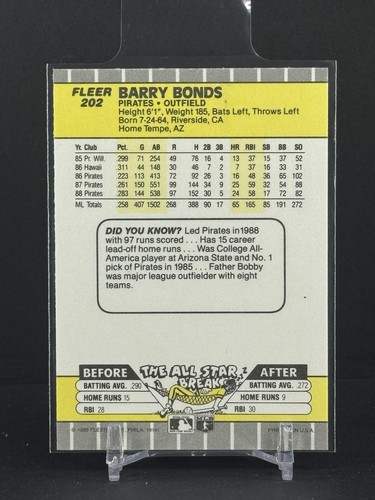 BARRY BONDS 1989 Fleer #202 Pirates Giants Baseball HR Champ Centered and Clean! - Picture 2 of 3