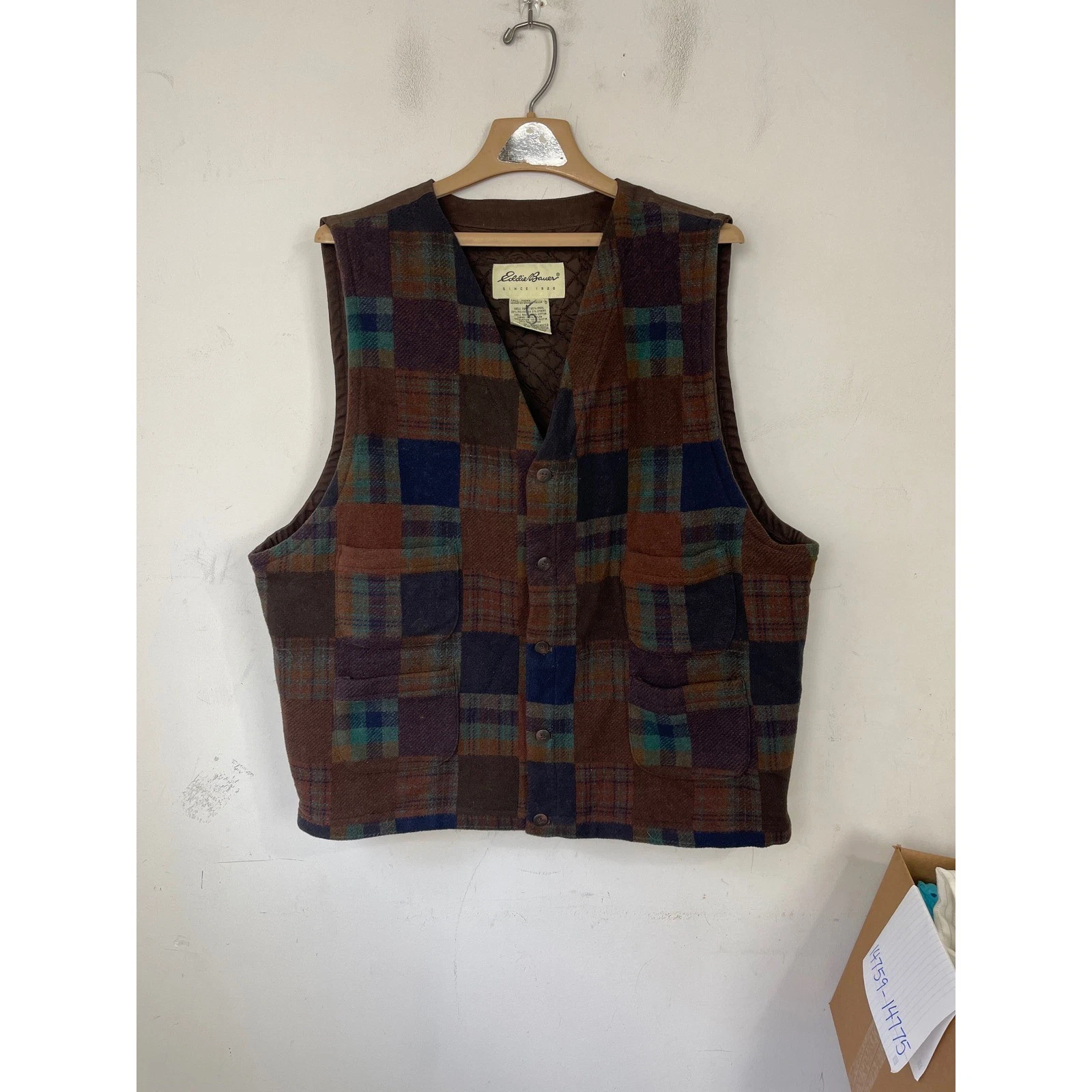 Eddie Bauer Mens Tall Large Wool Blend Patchwork Plaid Thinsulate Insulated Vest