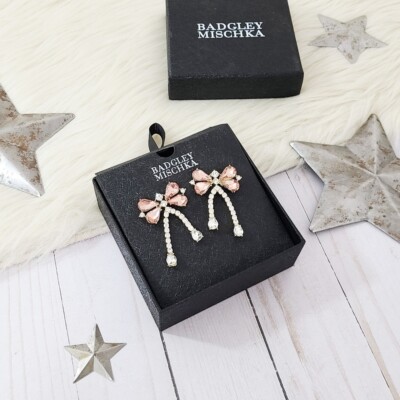 Badgley Mischka Tear Drop Bow Dangle Earrings pink rhinestone post stud NWT  NEW