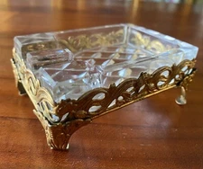 ANTIQUE CRYSTAL ART ASHTRAY FOOTED GOLD STAND SQUARE 1.5Hx2.5x3.5