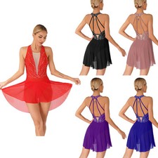 Womens Dresses Irregular Hem Dance Competition Costume Sleeveless Shiny Sparkle