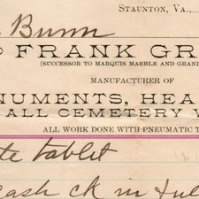 1916 Scarce Frank Grim Headstones Cemetery Work Staunton, VA Letterhead 