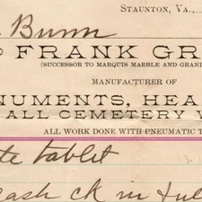 1916 Scarce Frank Grim Headstones Cemetery Work Staunton, VA Letterhead 