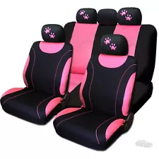 For BMW Car Seat Covers New Front & Rear Black & Pink Paws Headrest Cover