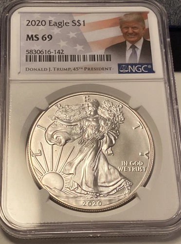 2020 1 Oz. Silver American Eagle .Trump 45th President  Label -NGC MS 69-Scarce