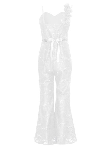 Girls One Shoulder Jumpsuit Sequin Sleeveless Flare Leg Long Romper High Waist - Picture 49 of 74