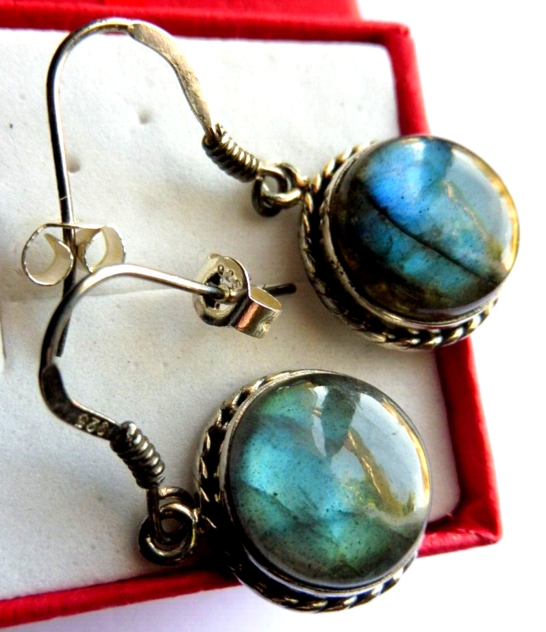 Boucles d'oreilles Labradorite bleue Argent massif 16x6mm ronde bijou femme