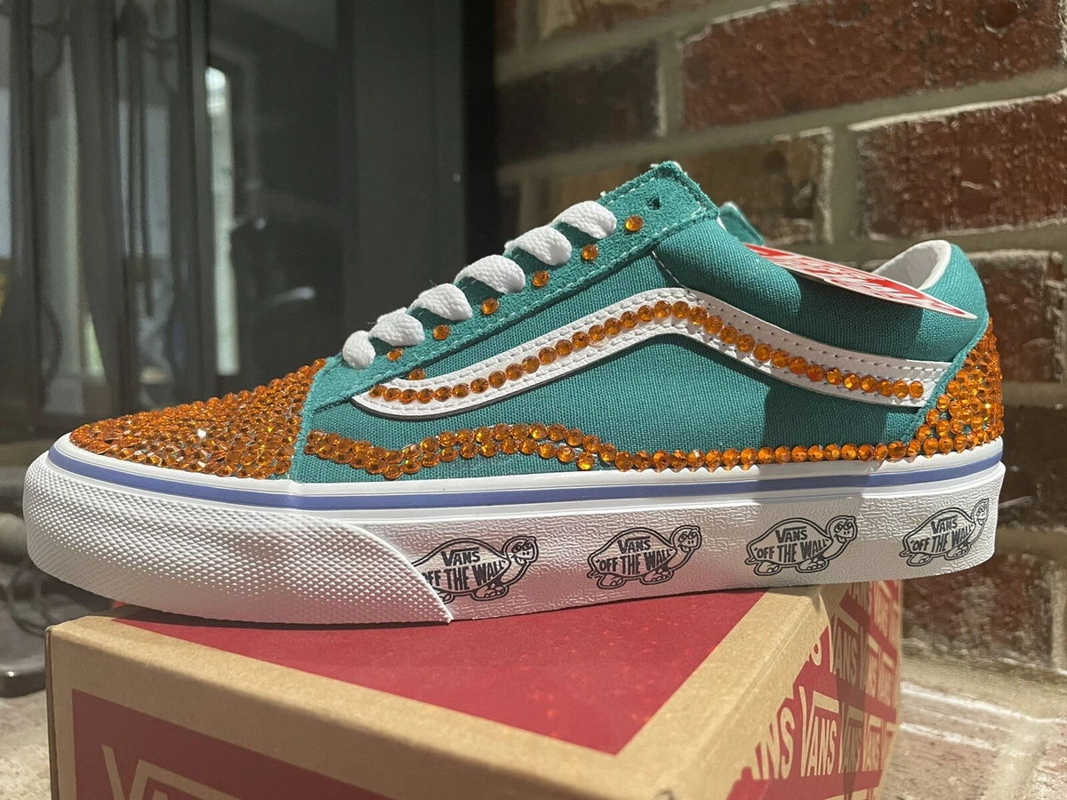 Custom Old Skool Vans With Rhinestones Aqua And Orange Women's 5.5